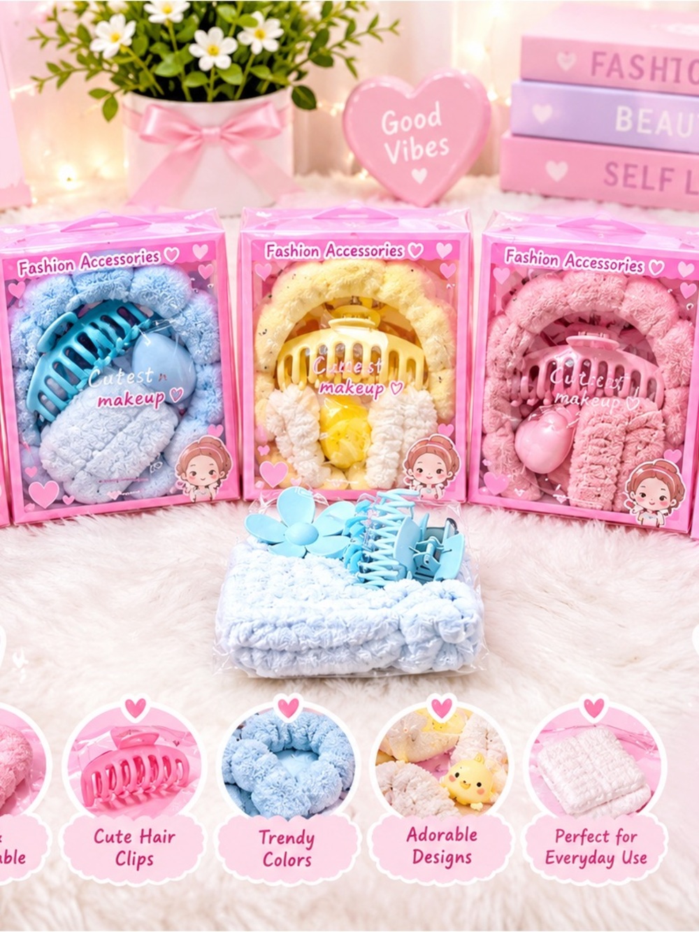 Kids Plush Hair Accessory Set - Pink, Blue, Yellow